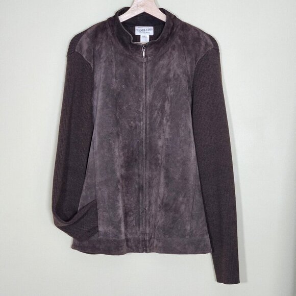 Pendleton Jacket Womens L Tall Brown Suede Leather Merino Wool Full Zip Pockets - Picture 1 of 15